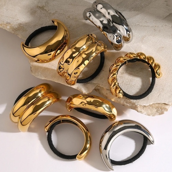 $20 (2 for $30) GOLD Hammered Metal Cuff Ponytail Holder Double Crescent Elastic - Picture 7 of 7